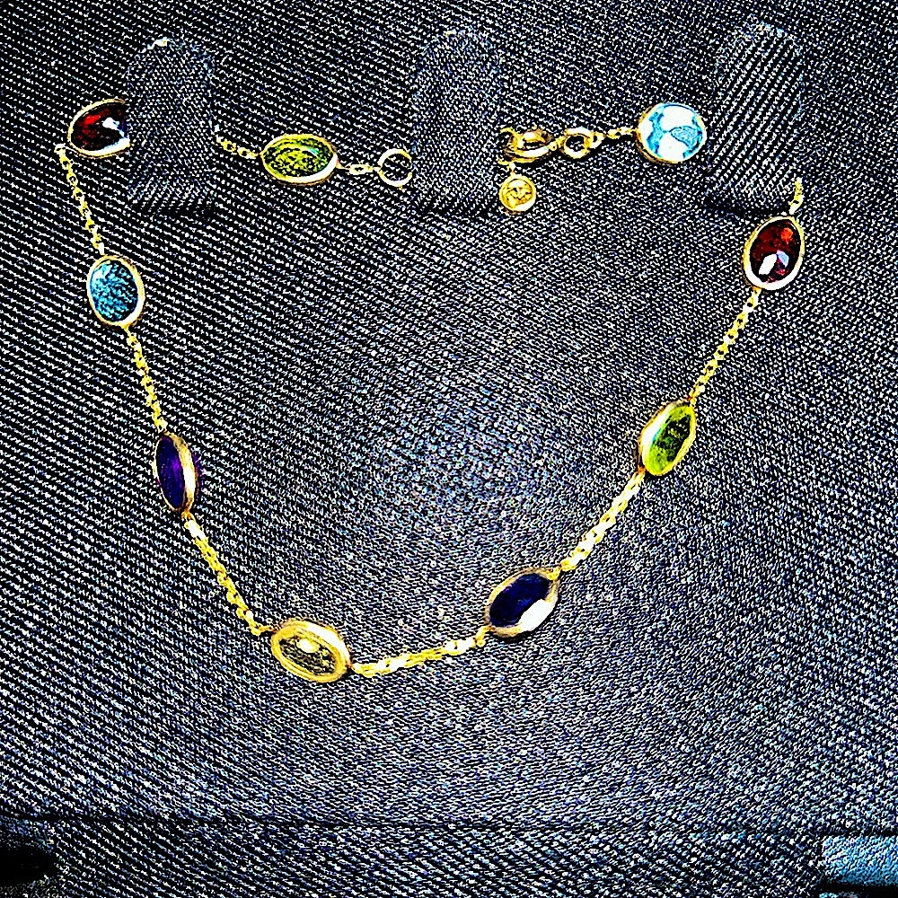 14K Gold Chain Bracelet with Colorful Multi Gemstones - Picture 3 of 12